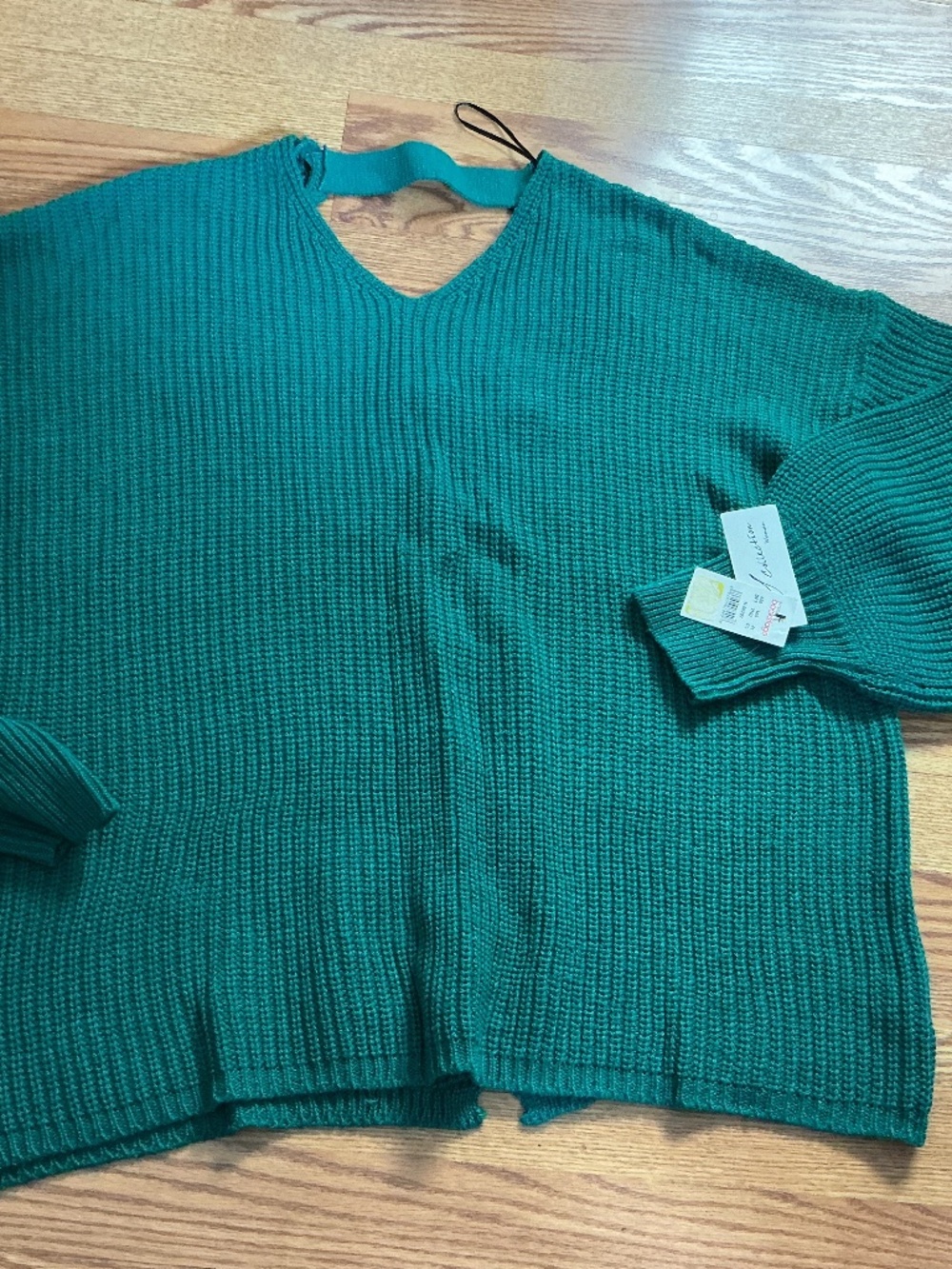 NY Collection Green Ribbed V~Neck Open Weave Back Long Sleeve Sweater 2X